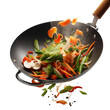 Cooking concept of Vegetables are flying out of a wok and isolated on background, PNG file