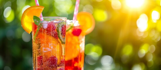 A detailed shot of two glasses of iced tea, complete with straws, showcasing a refreshing beverage made with liquid, drinkware, and ingredients like fruit and plant extracts.