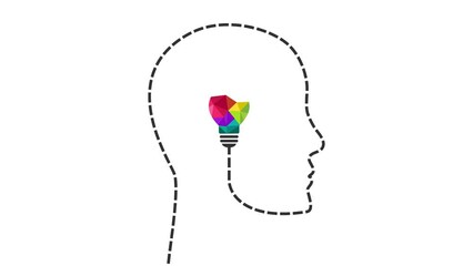 Poster - creative thinking concept with head outline made of dashed line and colourful light bulb as creative