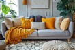 Stylish living room interior with soft pillows and yellow plaid on sofa.