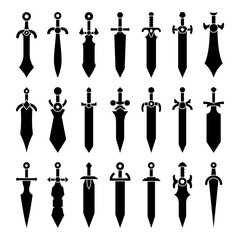 Cartoon black swords set icons. Knives daggers sharp blades. Fantasy game weapon icon silhouettes. Vector illustration