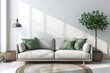 © interior - Traditional living room interior mockup with grey sofa and green pillows by olive tree in wicker basket and floor lamp on empty white wall background. 3d rendering, illustration.
