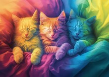 Three Colorful Cats Resting In A Rainbow Blanket

