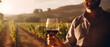 Mann mit einem Glas Wein steht vor Weinbau bei Sonnenuntergang