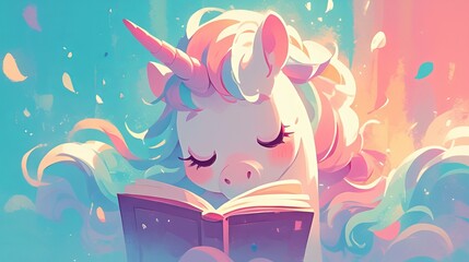 Poster - Cute unicorn sitting and reading a book in a magical atmosphere
Concept of use: mythical animal from children's books and imagination, illustration of activities and festivals for kids