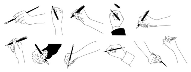 Set of Hands with writing, painting, drawing tools. Line art of human hands with pen, pencil, highlighter, marker, brush. Black monochrome outline Vector illustrations isolated on white background. 