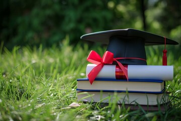 A graduation cap and diploma, tied with a red ribbon, on a pile of books on a grassy field in spring, symbolizing education and congratulations