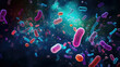 Medical illustration background. Microscopic  escherichia coli medicine in the stomach. fighting illness with medication anatomy organism 