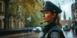 Profile of police woman wearing peaked caps, showcasing strength and determination. A symbol of justice and public safety in the urban landscape