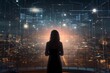 Exploring the intersection of humanity and technology, a woman stands in a futuristic environment, surrounded by an intricately connected database, bathed in cinematic light.