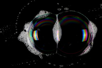 Wall Mural - Soap foam, bubble in shape colorful eye isolated on black, with clipping path texture 

