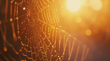 spider web with dew, golden hour