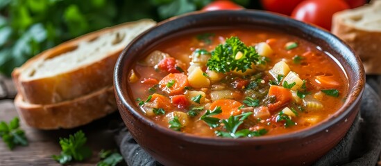 Wall Mural - A delicious stew of soup made with vegetables and bread, a perfect dish for a wholesome meal.