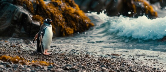 Wall Mural - A penguin stands on a rocky beach, surrounded by the natural landscape with water and birds.