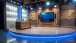 © Irina Ukrainets - Modern broadcast studio design with empty chairs and futuristic elements. high-tech newsroom setting, ideal for virtual events. professional media environment. AI