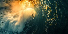 Adventurous Surfer Rides A Massive Wave At Sunset, Embodying Extreme Sport And Nature's Beauty. Perfect For Wall Art And Sports Magazines. AI