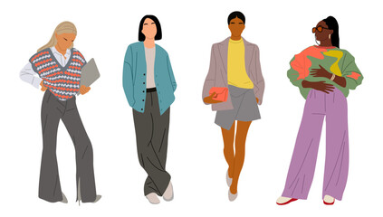 Set of different Modern women in stylish smart casual office clothes. Vector realistic illustration of diverse multinational standing cartoon girls with bag, laptop. Isolated on white background.