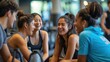 © Fokasu Art - A group of friends laughing and taking a break in a gym lounge area, emphasizing the social aspect and community found within fitness environments.