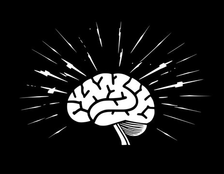 Human brain illustration. Brain with flashes of lightning and rays. Finding an idea or solving a problem. Vector flat illustration isolated on the white background
