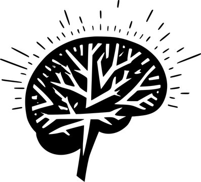 Human brain illustration. Brain with flashes of lightning and rays. Finding an idea or solving a problem. Vector flat illustration isolated on the white background
