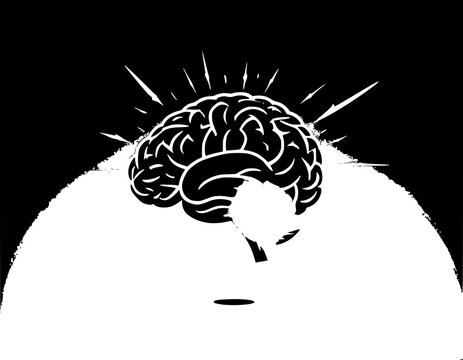 Human brain illustration. Brain with flashes of lightning and rays. Finding an idea or solving a problem. Vector flat illustration isolated on the white background
