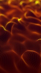 Wall Mural - orange color abstract particle foam field waving smoothly like fluid. waving particles motion graphi