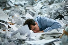 A Despondent Man Buried Under A Pile Of Tax Paperwork