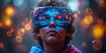 Child Wearing Virtual Reality Glasses With Holograms And Bokeh. Concept: Future Technologies, Learning And Play With Imagination, Exploration Of Infinite Space. Banner With Copy Space