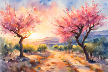 Watercolor Painting Of The Blooming Almond Trees On Mallorca, Spain At Twilight