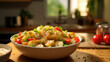 Fresh potato salad with seasoning in a bowl, depicting culinary preparation in a kitchen scene. Vibrant colors evoke appetizing emotions, appealing to food enthusiasts. Ideal for culinary magazines