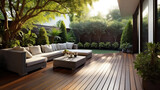 Fototapeta Londyn - relaxing area on wooden deck and terrace