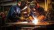 © David - Young apprentice mastering welding technique, focused expression, protective gear, metalwork workshop, industrial training, skill development, vocational education, craftsmanship