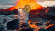 Cinematic wide angle photograph of a gin tonic sparkling cocktail with lime in the border of a volcano. Product photography. Advertising.