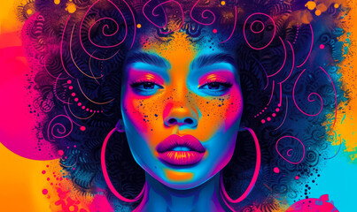 Vibrant Pop Art Illustration of a Woman with Afro Hair Embracing the Bold Colors and Energetic Patterns of Retro and Modern Fusion