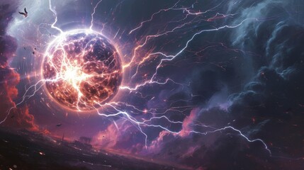 Sticker - Fantasy landscape with planet and lightning illustration