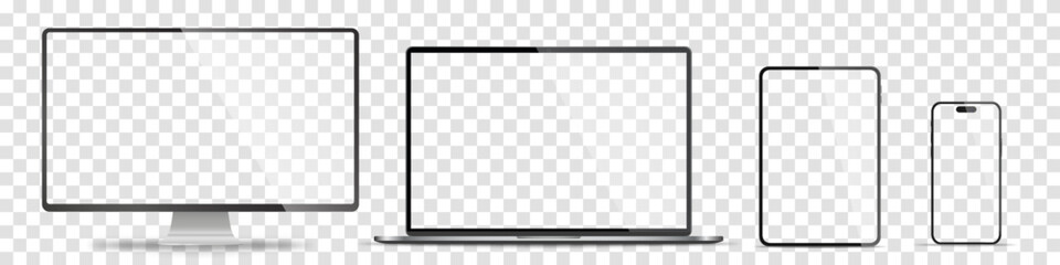 Device screen mockup. Smartphone, tablet, laptop and monoblock monitor, with blank screen for you design. Stock royalty free vector illustration. PNG