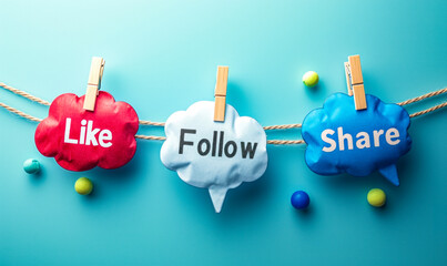 Poster - Engagement concept with Like, Share, Follow speech bubbles pinned on a string against a soft blue background, representing social media interaction and online community engagement