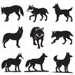 A set of black and white vector illustrations of a wolf jackal fox or arctic fox