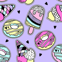Aufkleber - Set of cute stickers and different elements with donuts, ice cream, hearts. Girlish stickers in bright colors isolated on lilac background. Fashion pop art patch. Retro