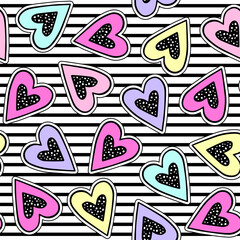 Wall Mural - Fashion patch badges in sketch comics style. Abstract seamless pattern. Stickers hearts on repeated stripes background.