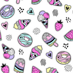 Aufkleber - Set of cute stickers and different elements with donuts, ice cream, hearts. Girlish stickers in bright colors isolated on white background. Fashion patch