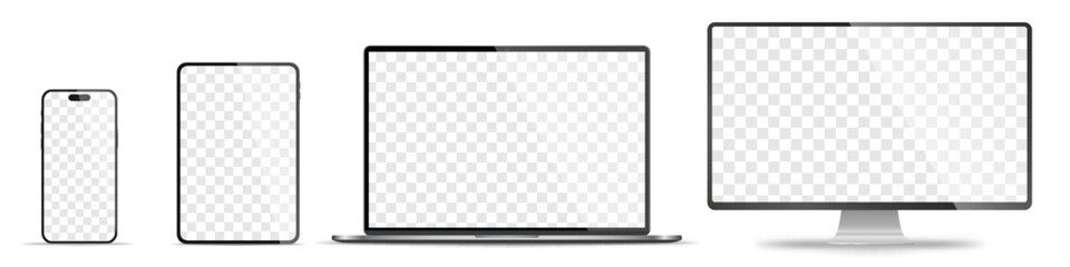 Device screen mockup. Smartphone, tablet, laptop and monoblock monitor, with blank screen for you design. Stock royalty free vector illustration. PNG