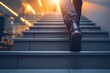 An ambitious businessman ascending stairs to confront an upcoming challenge and seize a business opportunity. The towering staircase symbolizes the concept of career success, future planning, and busi