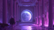 a purple room with columns and a sphere