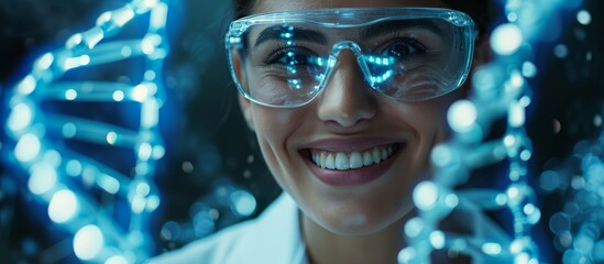 Wall Mural - a woman wearing a lab coat and goggles, with a smile on her face, stands in front of a dna structure