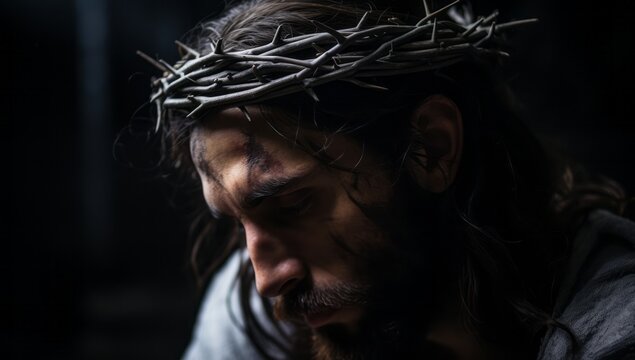 Jesus christ with crown of thorns, on dark background, Jesus Christ Portrait with Thorns on Bloody Head, Suffering Gaze