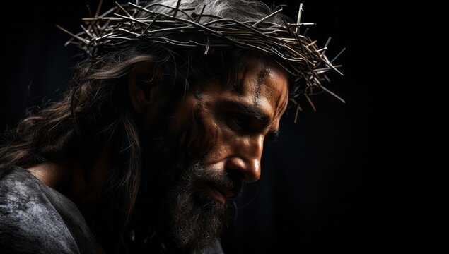 Jesus christ with crown of thorns, on dark background, Jesus Christ Portrait with Thorns on Bloody Head, Suffering Gaze