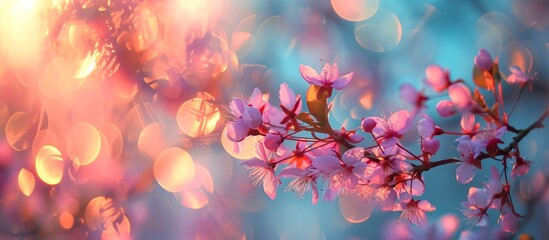 Sticker - A magnified view of a flowering cherry blossom branch featuring magenta petals against a vibrant blue sky.