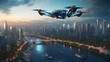 An autonomous drone surveillance system patrolling a city skyline, 