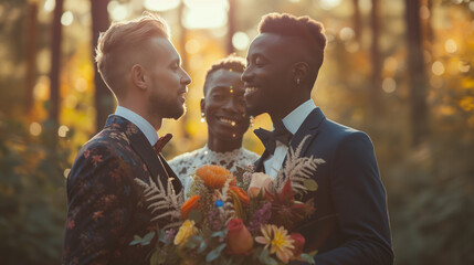 Wall Mural - Throuple's Gay Polyamorous Wedding: Three Grooms